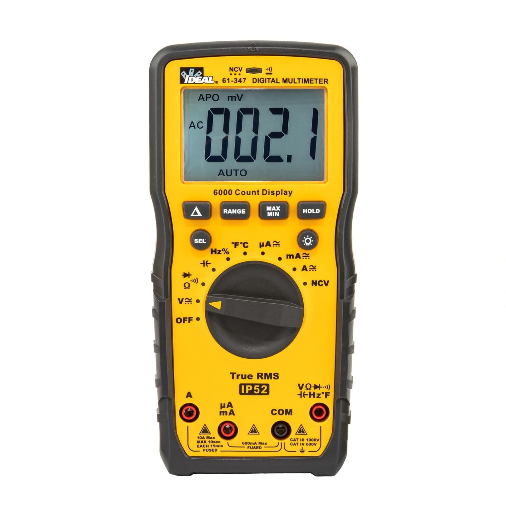IDEAL, Multimeter 1000V Auto Range, UL Certified CAT IV 600V CAT III 1000V AC/DC 10A AC/DC TRMS Auto Ranging Digital Multimeter, Auto Power Off, Backlit Display, Data Hold, Diode Test, IP Rating-IP52, 61-347